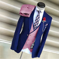 Royal blue men's 3-piece suit with yellow vest, tuxedo jacket, and matching pants, ideal for wedding or formal occasions.