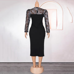 Elegant Bodycon Dresses for Women O Neck Full Sleeve Diamond Beaded Sheath Package Hips Mid Calf Professional Work Dress Midi OL