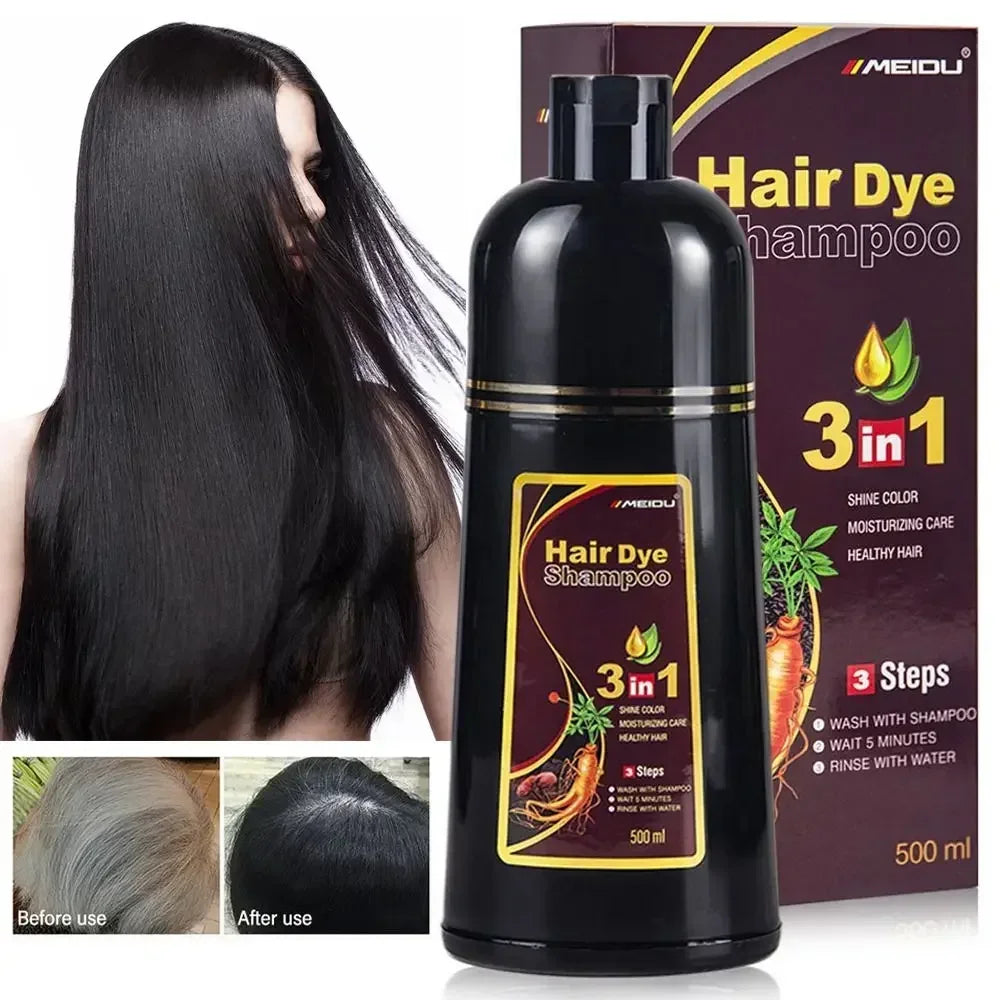Showlu 3-in-1 herbal hair dye shampoo in natural black and brown, 500ml bottle with herbal ingredients and natural finish