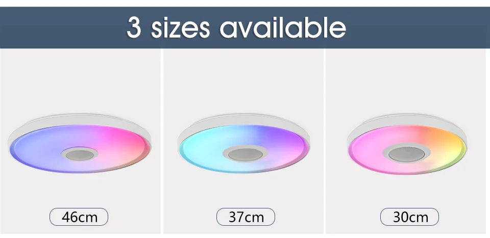 Showlu Smart RGB LED ceiling light with built-in Bluetooth speaker and remote control, showcasing colorful lighting and modern design.