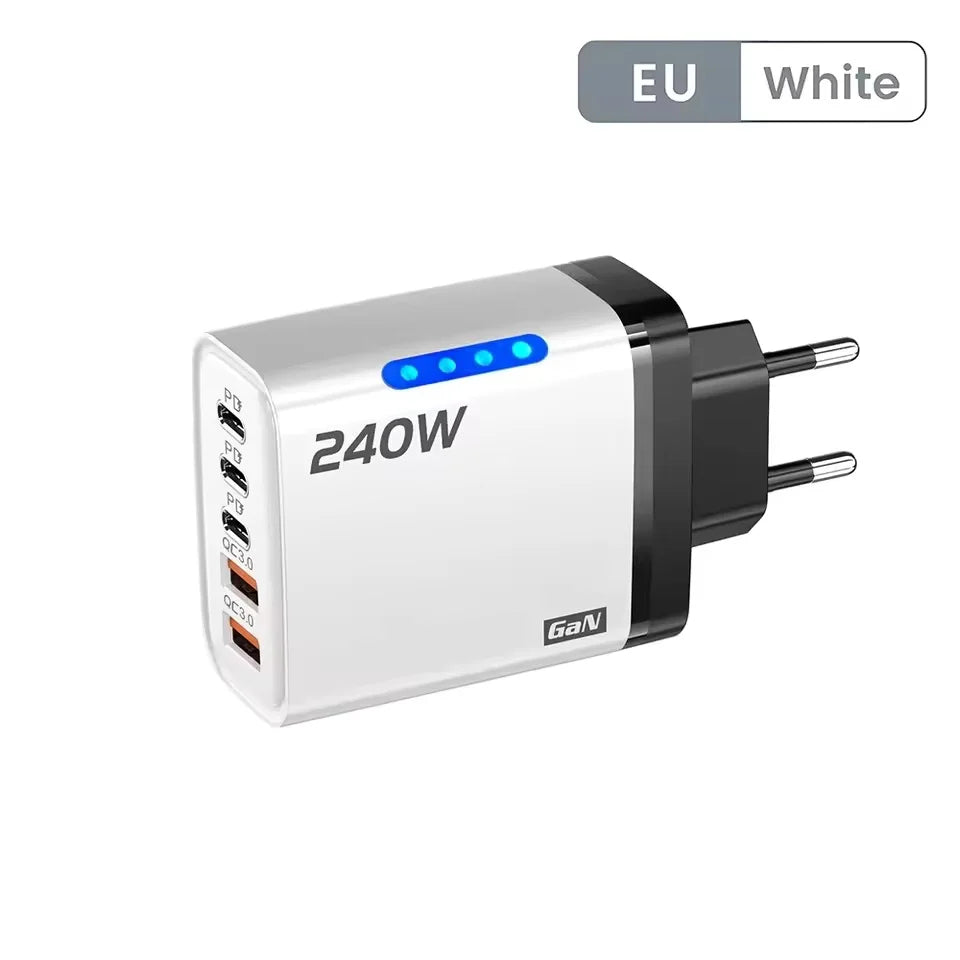 240W GaN 5 in 1 Fast Charging Phone Charger USB C Charger Power Adapter Type C EU/US Plug Wall Charger For iPhone Samsung Xiaomi
