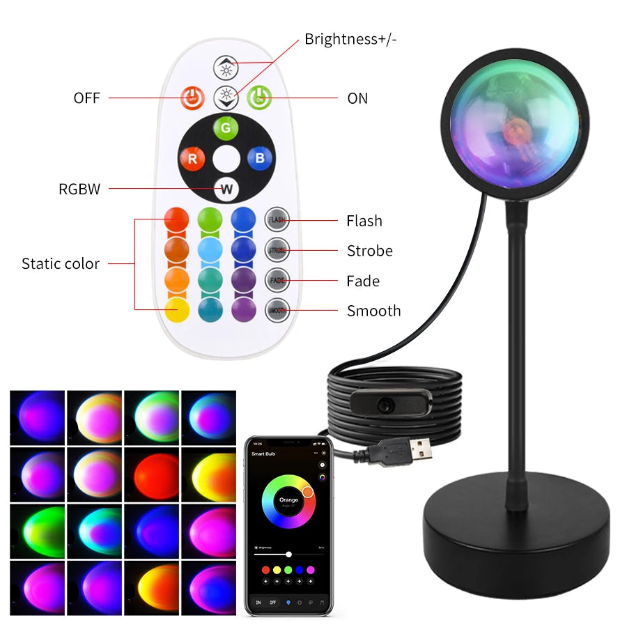Smart Sunset Projection Lamp by Showlu Fashion Store displaying warm sunset light and starry projection on a wall.