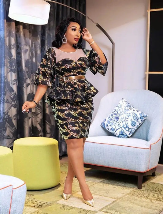 Sequined Black African Dresses for Women Summer African Women O-neck Short Sleeve Knee-length Dress African Clothes Without Belt