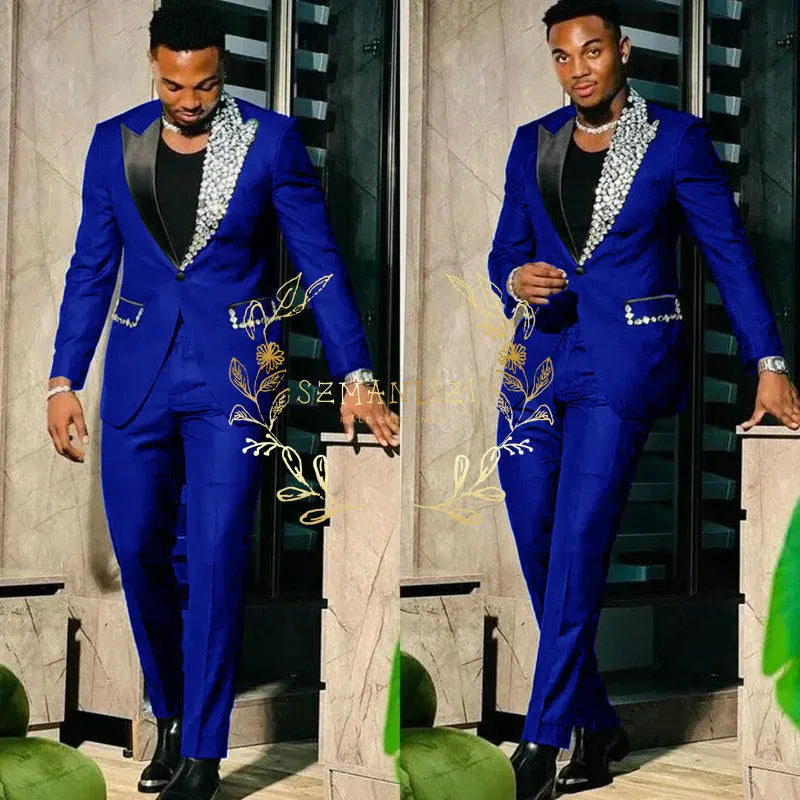 Black men's slim fit suit with single-breasted peak lapel blazer and matching pants, high-quality crystal prom party tuxedo set.