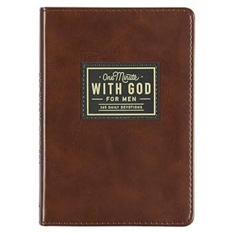 Brown leather men's prayer journal titled "One Minute With God" by Showlu, featuring 365 days of devotional space.