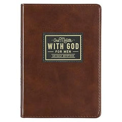A brown leather devotional book for men titled One Minute With God with 365 daily devotions.