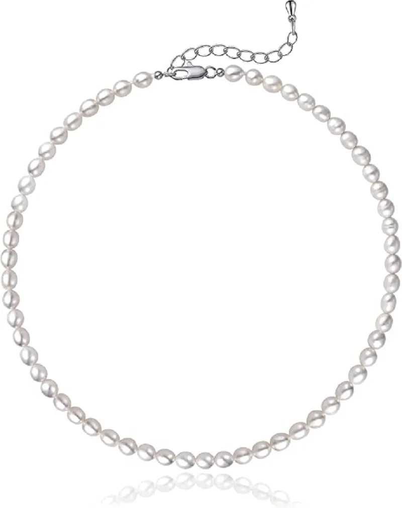 Freshwater pearl choker necklace with 5-7mm oval white pearls, elegant jewelry by Hengsheng.