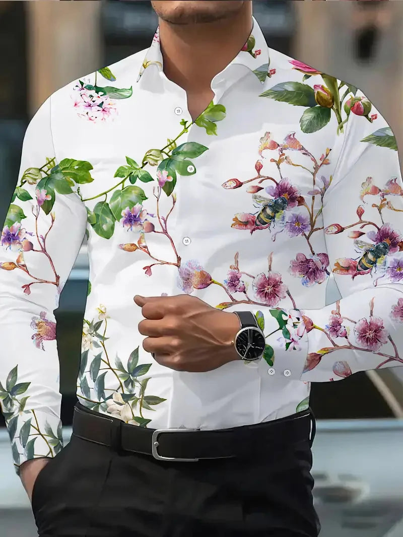 Showlu men's 3D flower printed silk long sleeve casual shirt, stylish and comfortable for everyday wear.