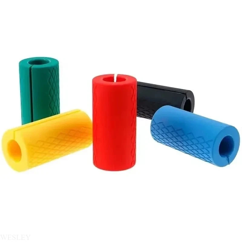 Silicone non-slip grip pads for fat barbell and dumbbell handles, designed for weightlifting and fitness barbell bars.