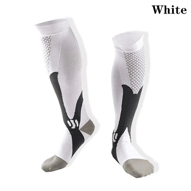 Black Showlu Fashion Store compression socks for men and women, designed for running and football, with anti-fatigue and pain relief features.