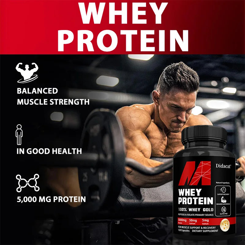 Showlu Fashion Store whey protein capsules with 5000mg of protein, gluten-free, non-GMO, supporting muscle recovery and health.