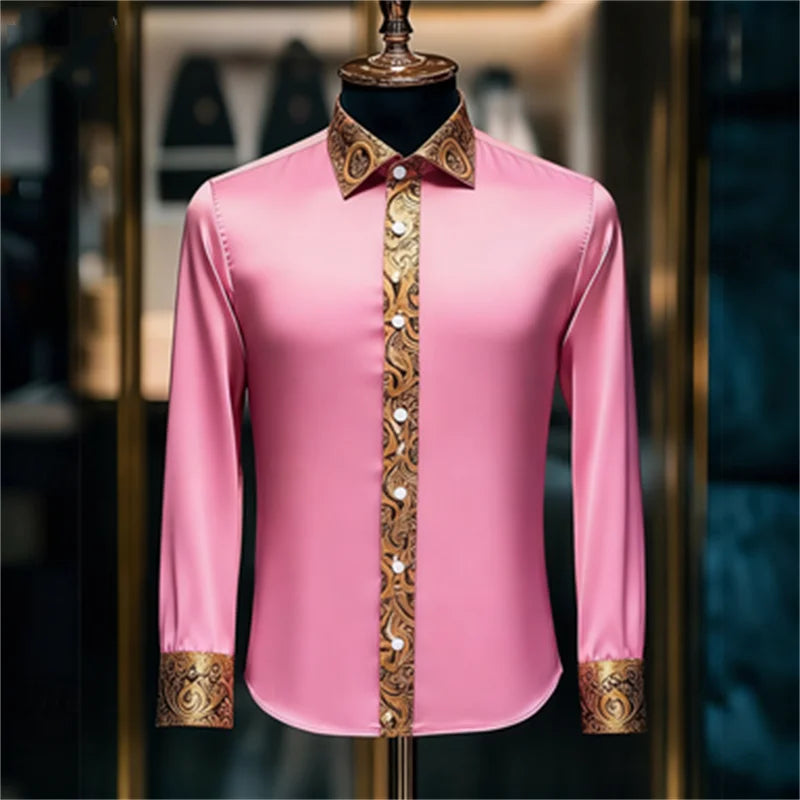 Men's luxury long sleeve silk shirt in white and brown with paisley pattern, slim fit, casual lapel, by Showlu Fashion Store.