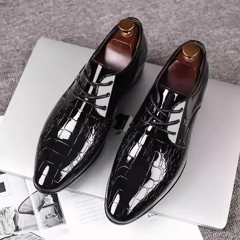 Elegant men's Oxford shoes by Showlu Fashion Store with Italian pointed toe design and shiny patent leather finish.