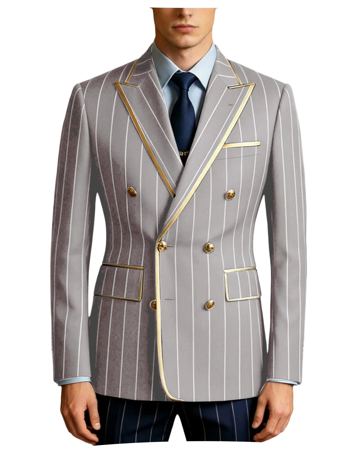 Men's Pinstripe Blazer Double Breasted Gold Trim Slim Fit Suit Jacket Peak Lapel Business Formal Tuxedo Coat for Wedding Prom