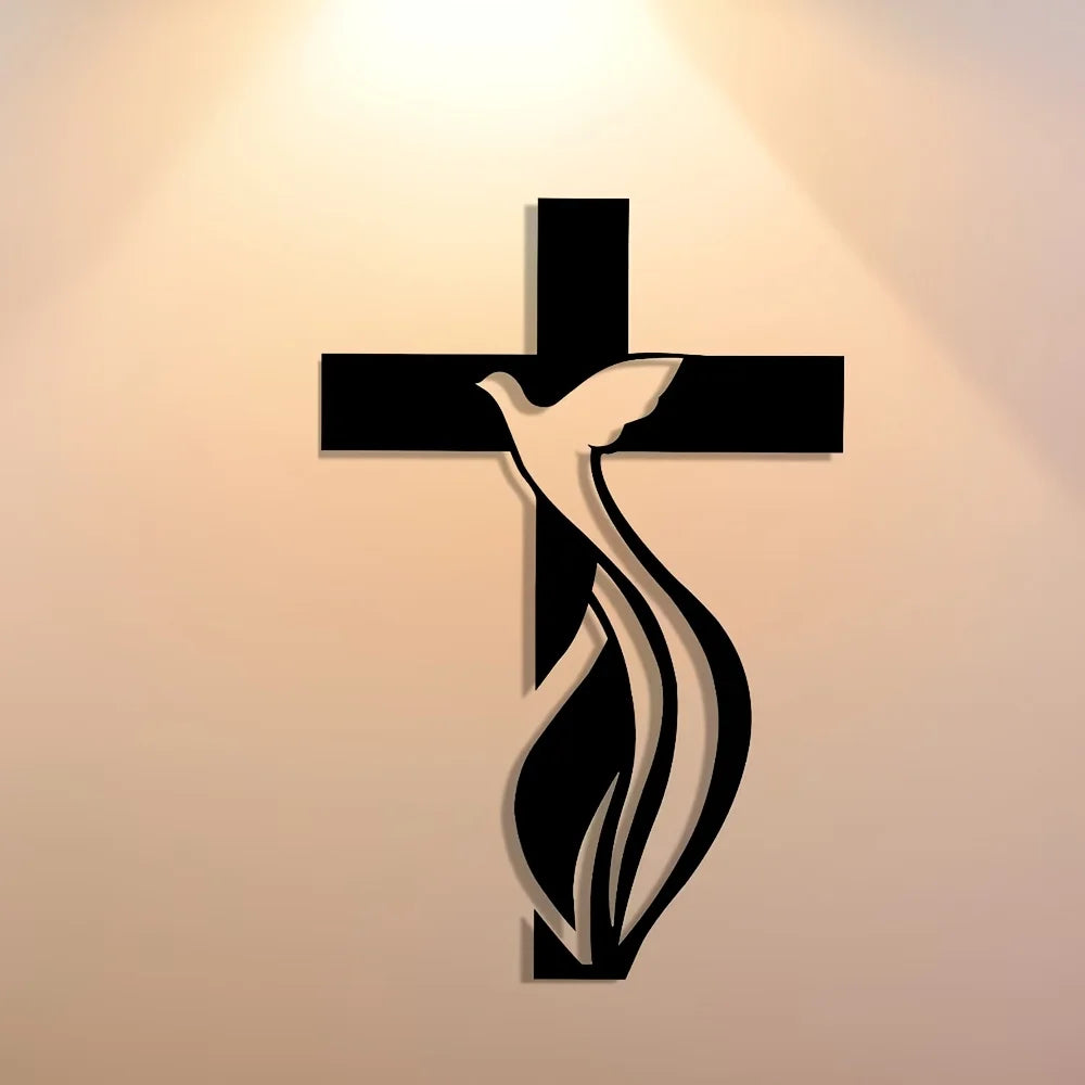 Minimalist Dove and Cross metal wall art in iron, showcasing elegant black design for religious home decor.