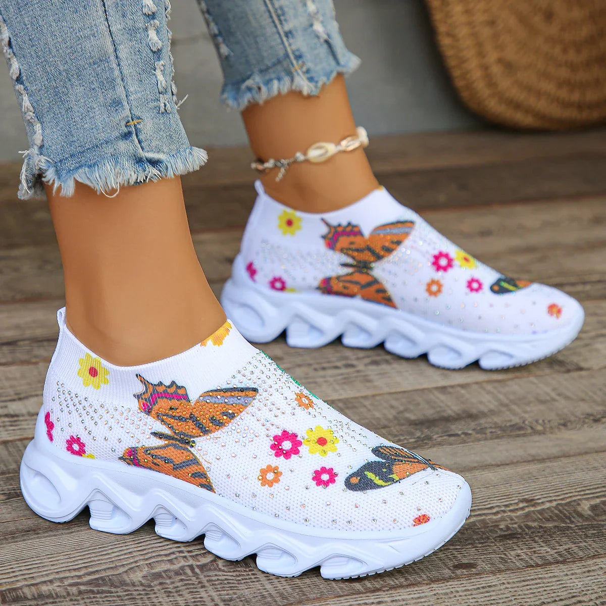 SHOWLU FASHION STORE Rimocy women's crystal butterfly mesh sneakers, breathable slip-on flats with decorative butterfly design.