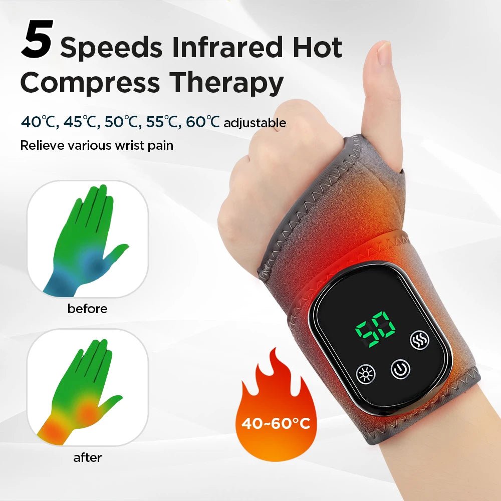 Electric heating wrist massager and brace with vibration massage for carpal tunnel, tendinitis, and fatigue relief.
