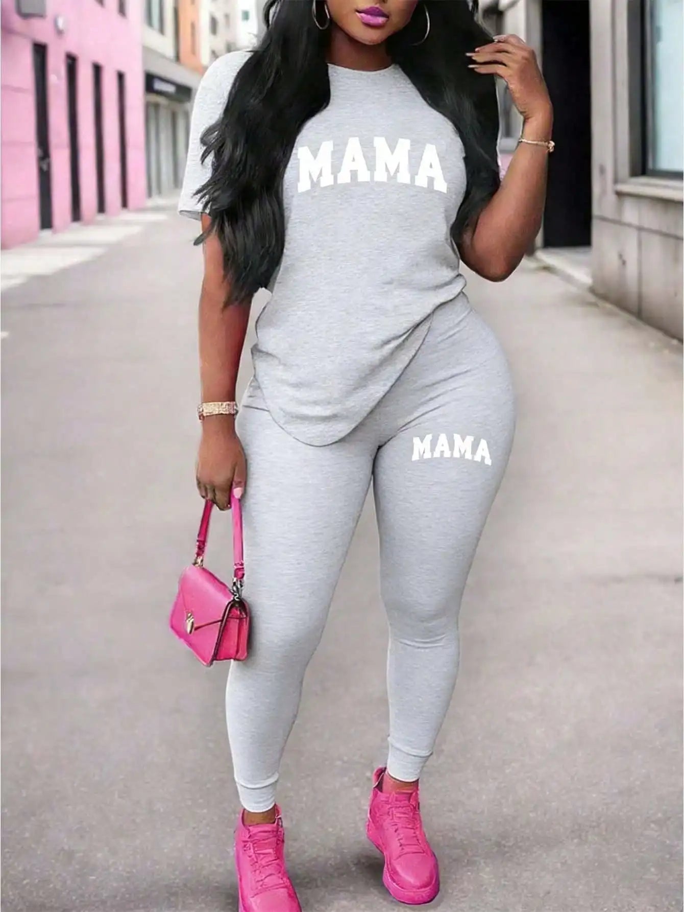2026 Women's New Paris Printed Two-Piece Set, Casual Short-Sleeved Round Neck T-Shirt and Tight Pants Long Pants Set