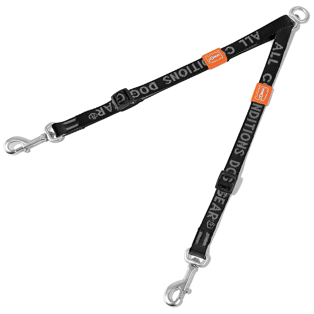 Double dog leash by Howgo showing adjustable nylon dual lead with tangle-free design for walking two dogs simultaneously.