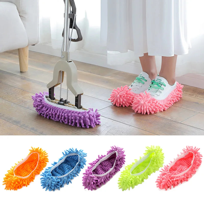 Showlu Fashion Chenille Dust Mop Slippers, polyester cleaning shoes with microfiber soles for effective floor dusting.