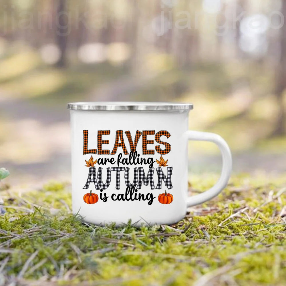 Showlu Pumpkin Spice Jesus Christ enamel mug featuring fall-themed design, perfect for camping coffee and outdoor use.