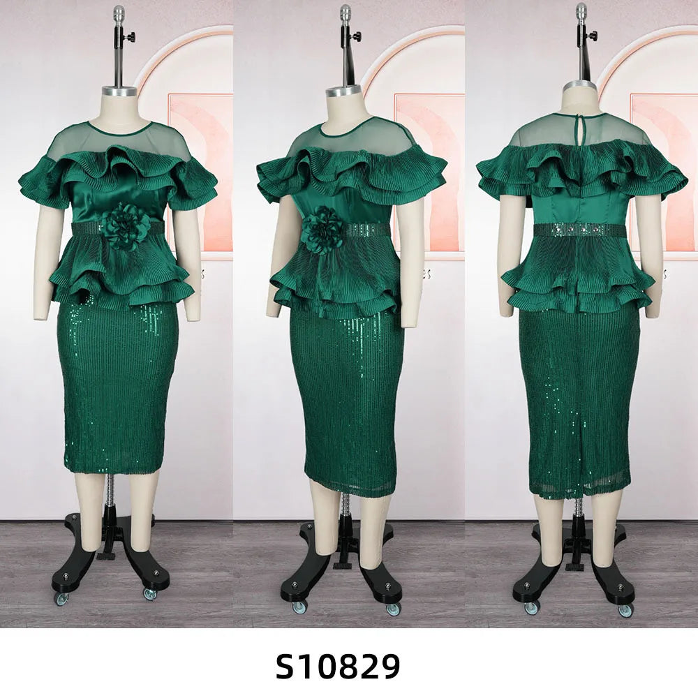 African sequin evening gown with ruffle details, elegant party dress for women featuring shimmering sequins and flowing fabric.