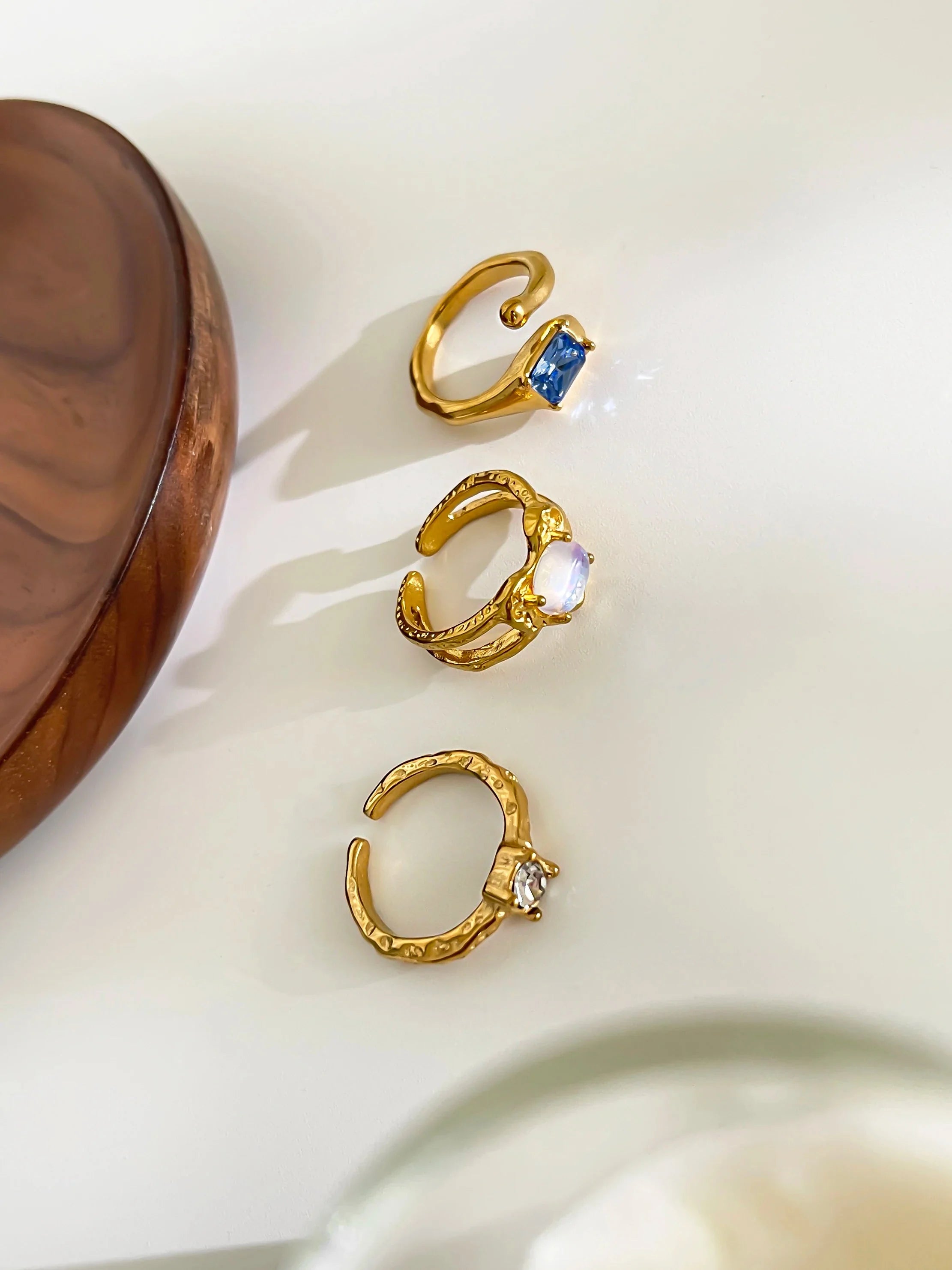 Vintage moonstone zircon open ring by SHOWLU FASHION STORE, gold-plated stainless steel with elegant design and sparkling gemstones.