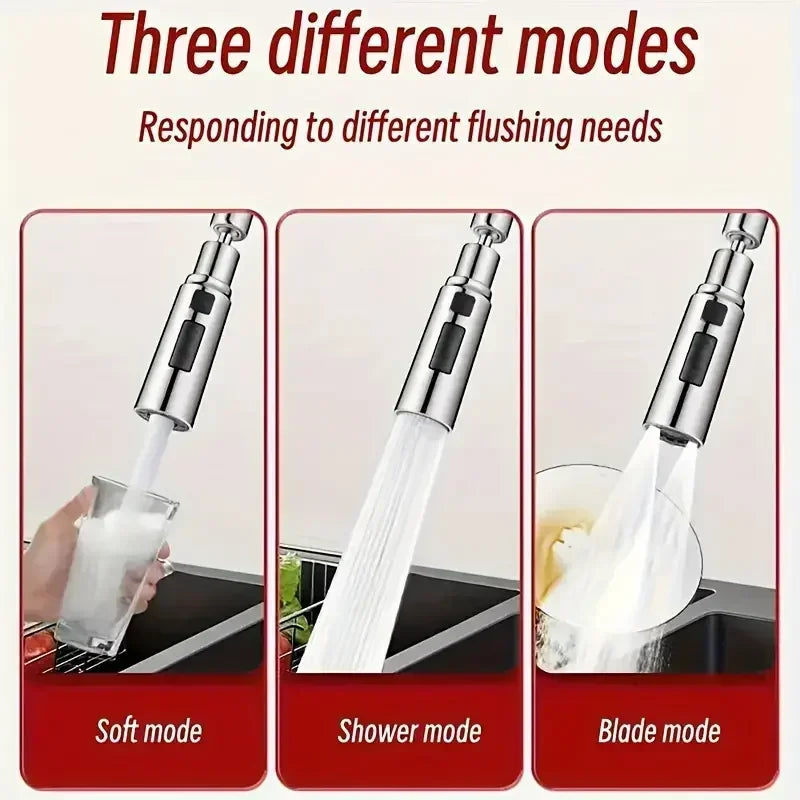 Showlu Universal Faucet Extender with 3-mode anti-splash metal sprayer attached to a faucet, enhancing water flow and splash control.
