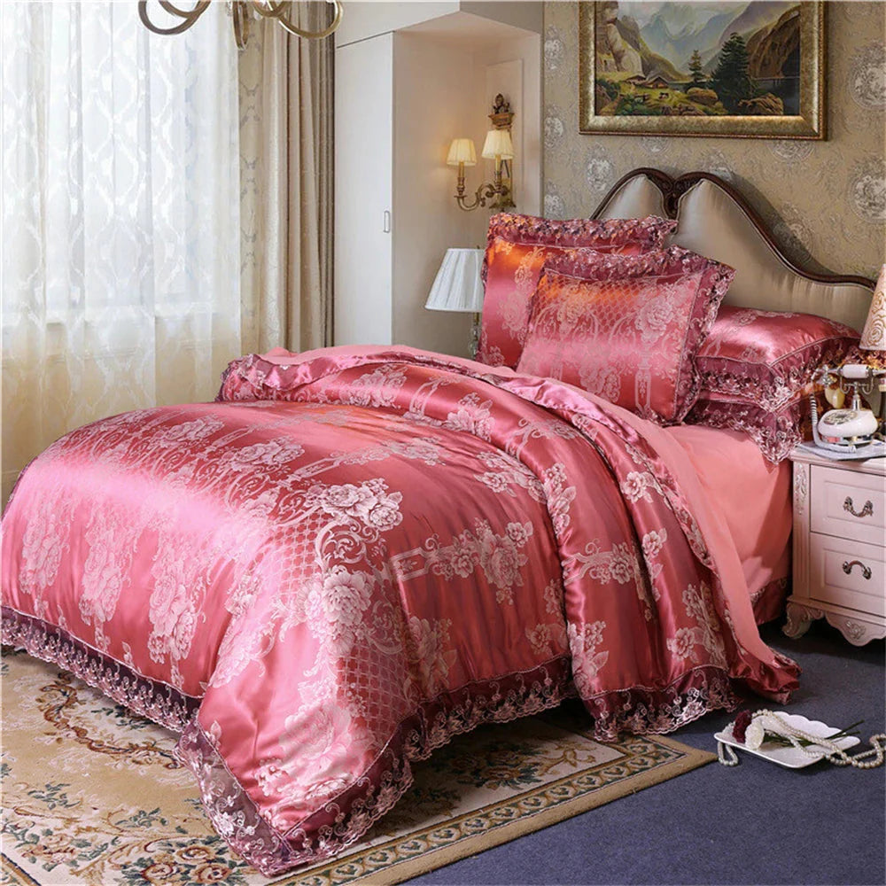 Luxury Nordic satin jacquard duvet cover set with floral design, soft bedding from SHOWLU FASHION STORE.