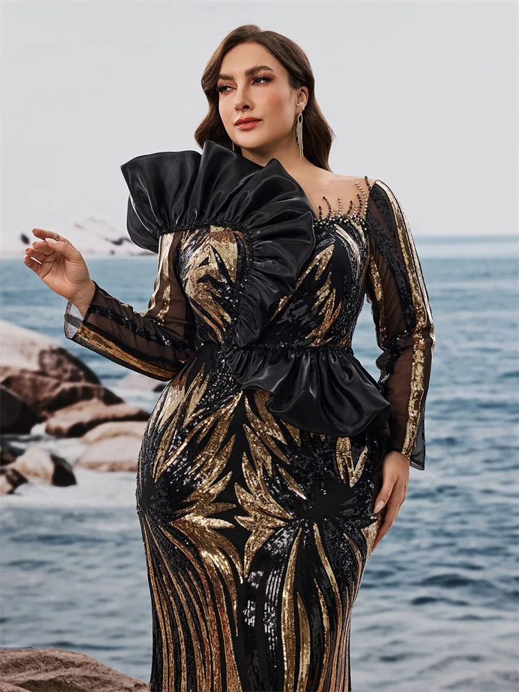 Showlu Fashion Plus Size luxury ruffled sequin evening dress with long sleeves, mermaid silhouette, ideal for formal weddings and parties.