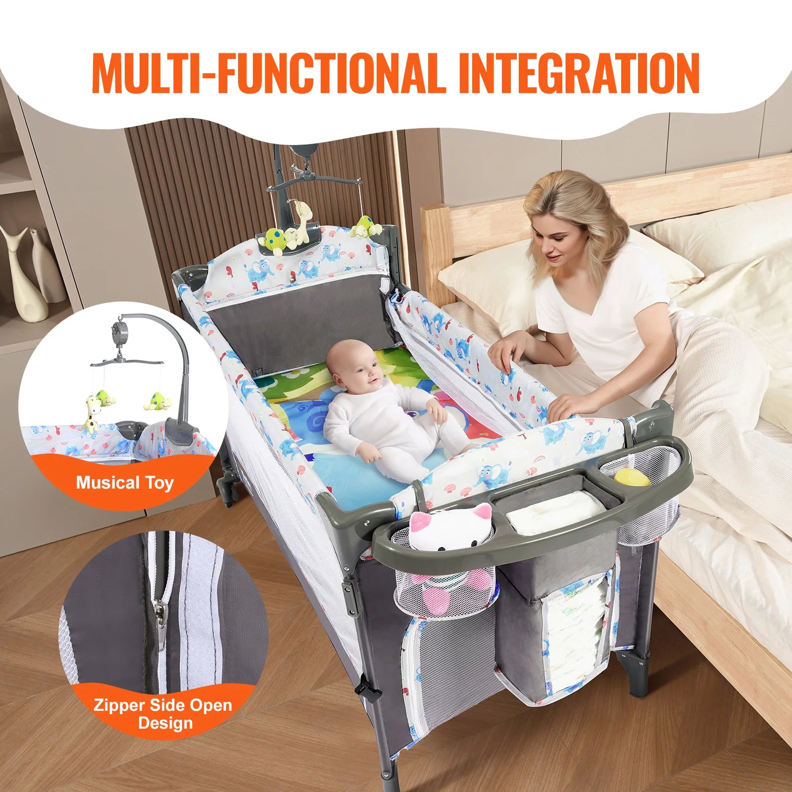 Showlu Fashion Store baby bassinet with wheels, foldable design, storage basket, and soft bedding for newborns and infants.
