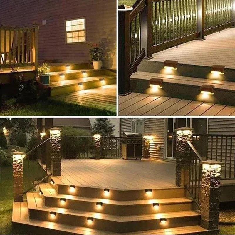 Solar waterproof deck step lights by Showlu Smart General, illuminated LED lights installed on outdoor steps for safety and decoration.
