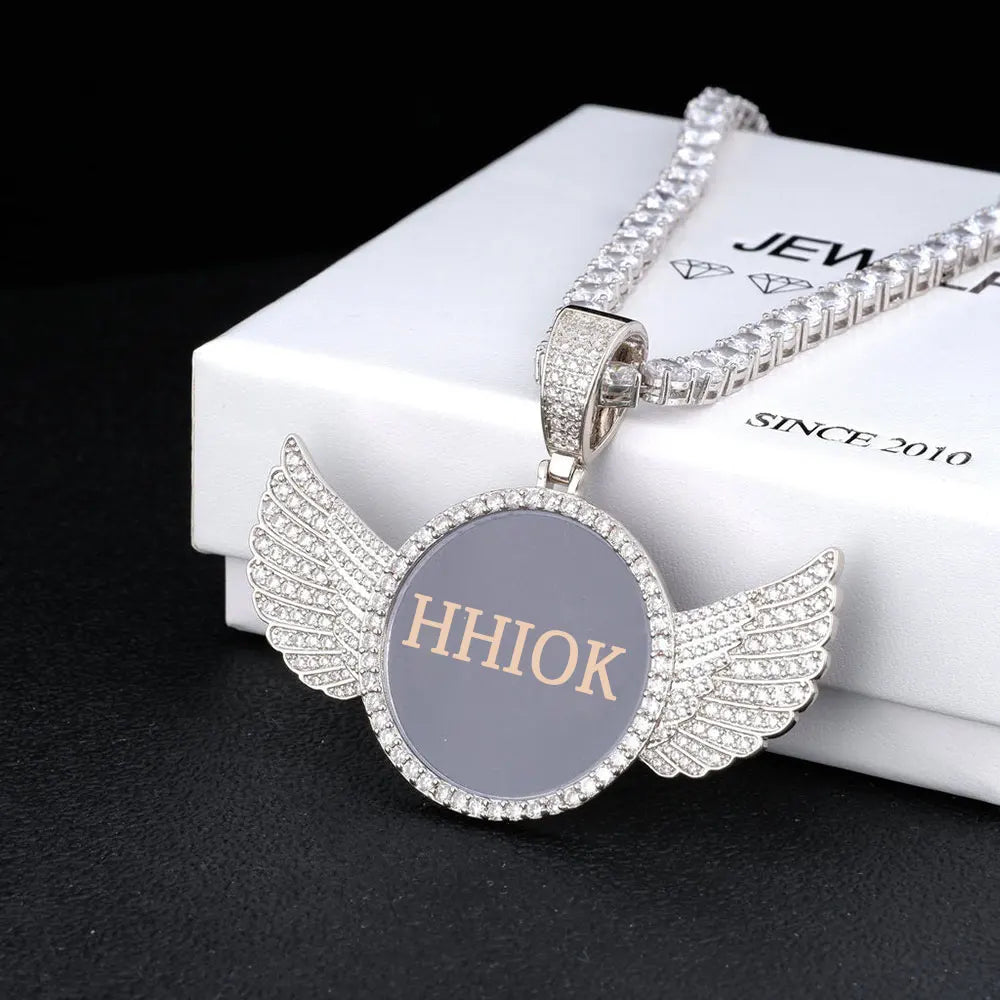 Custom angel wing round pendant necklace with personalized photo charm and tennis chain, for men and women, by Showlu Fashion.