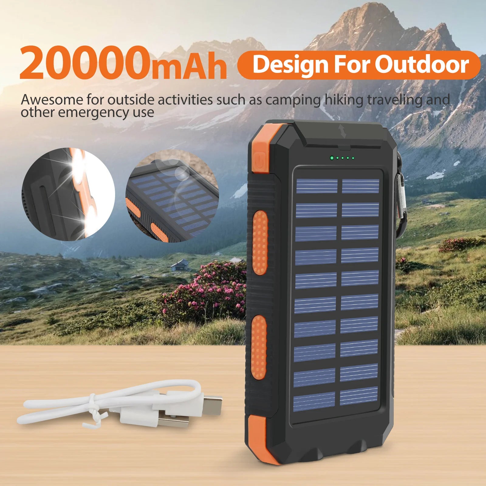 Showlu Smart 20000mAh waterproof solar power bank with multiple USB ports, portable charger designed for outdoor use.