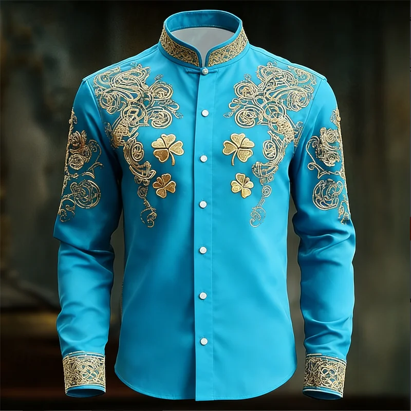 Men's floral long-sleeved shirt with gold 3D clover print by Showlu Fashion, showcasing luxurious fabric and stylish design.