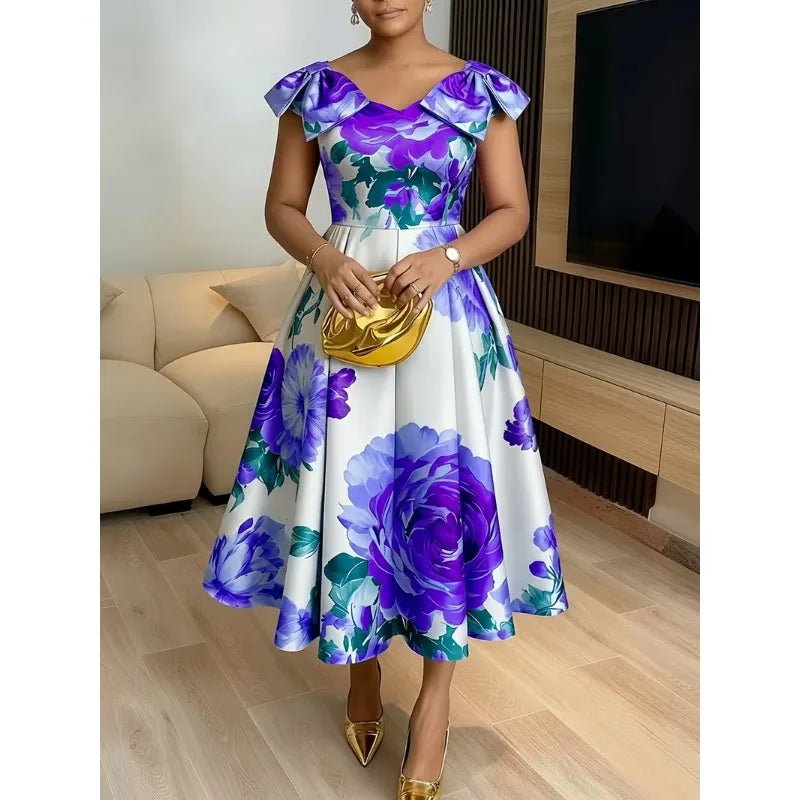 Elegant Dress Women for Wedding Party Summer African Half Sleeve Polyester Wedding Printing Midi Dress Dashiki Africa Clothing