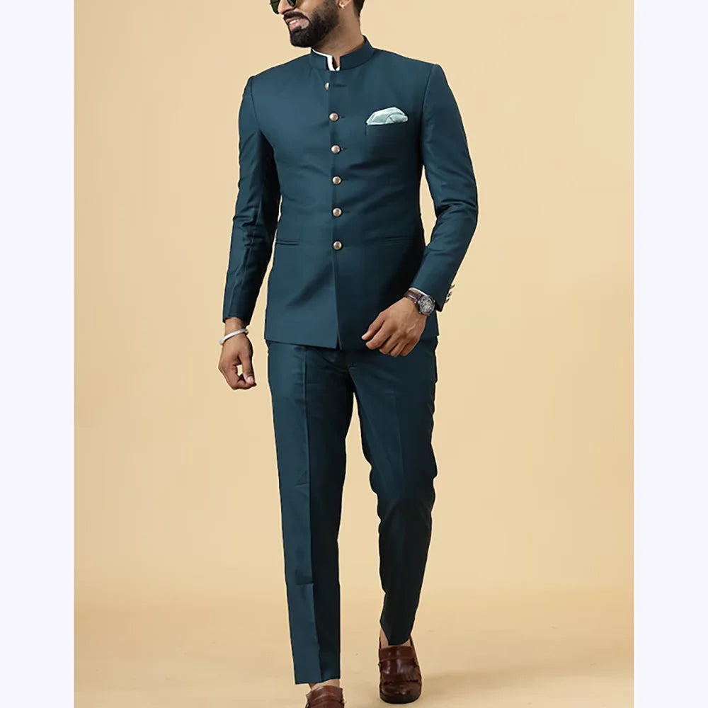 Solid green men's suit jacket and pants set, slim fit business blazer with stand collar, suitable for daily office and formal occasions.