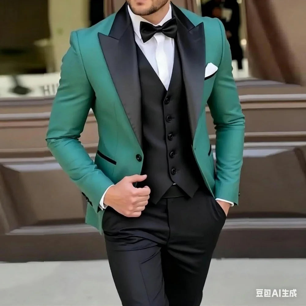 Men's green and black formal Terno suit set of 3 pieces by Showlu Smart General, includes blazer for wedding or groomsmen attire