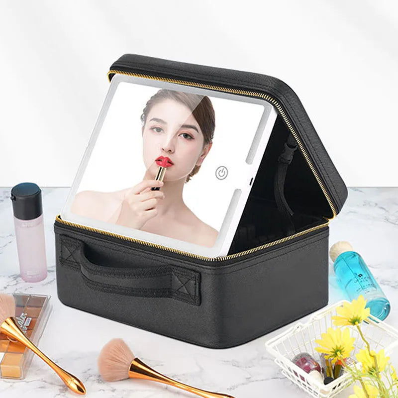 Large SNUGUG Smart LED Cosmetic Case by SHOWLU FASHION STORE, made of PU leather, with built-in LED lighting for travel makeup storage.