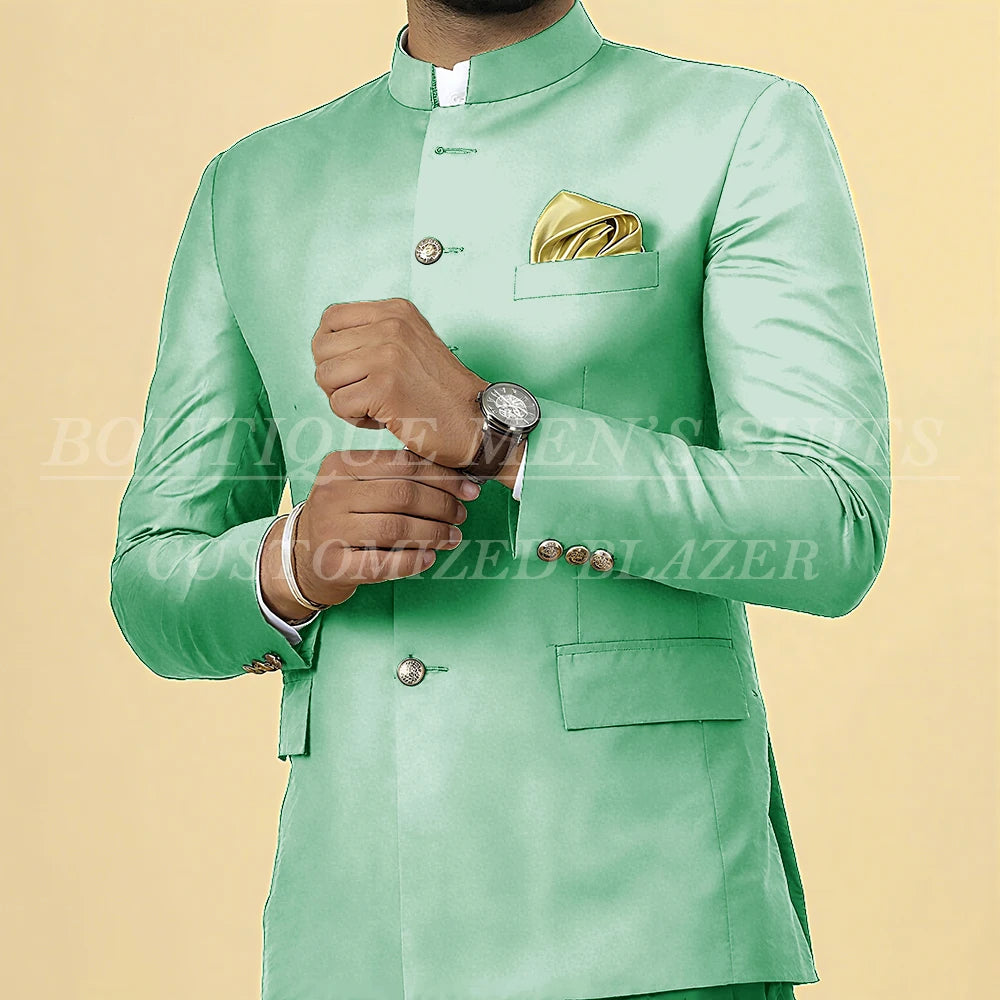 Elegant men's slim fit wedding suit by Showlu Fashion, featuring a tailored blazer with stand lapel and matching dress pants.