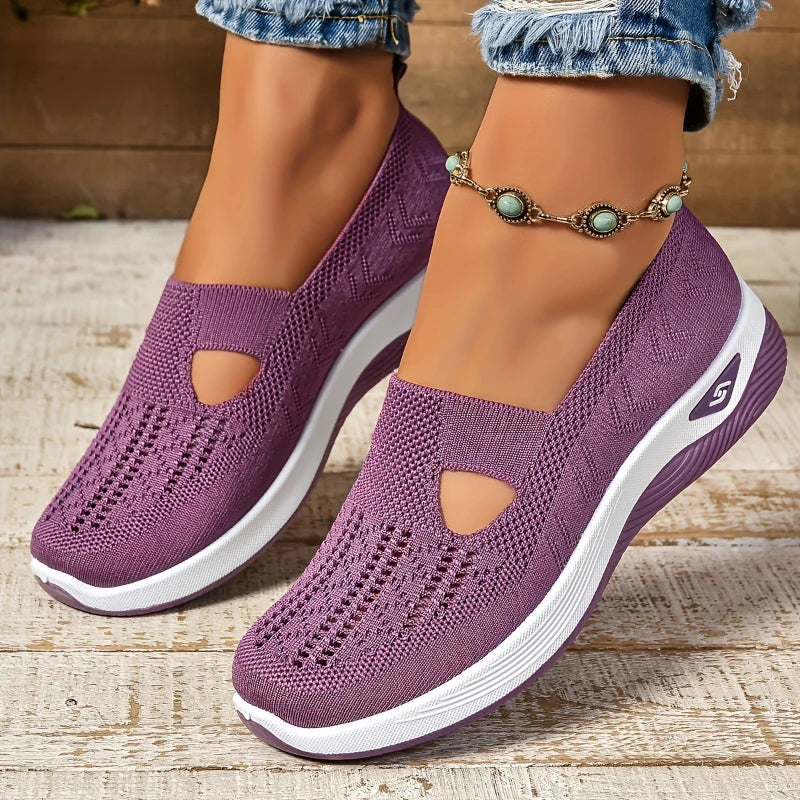 Lightweight women's slip-on sneakers with breathable mesh uppers, soft soles, and low-top vulcanized design for comfortable walking.