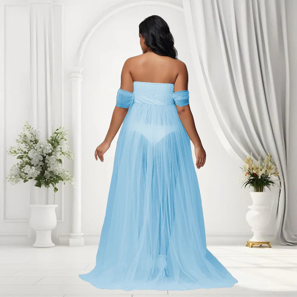 Elegant off-shoulder Showlu Lace Mesh Maternity Gown, perfect for pregnancy photos, featuring delicate lace details and flowing fabric.