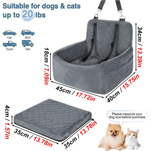 Portable warm dog car seat with washable cushion, safety belt, and storage pocket for small and medium dogs during travel.