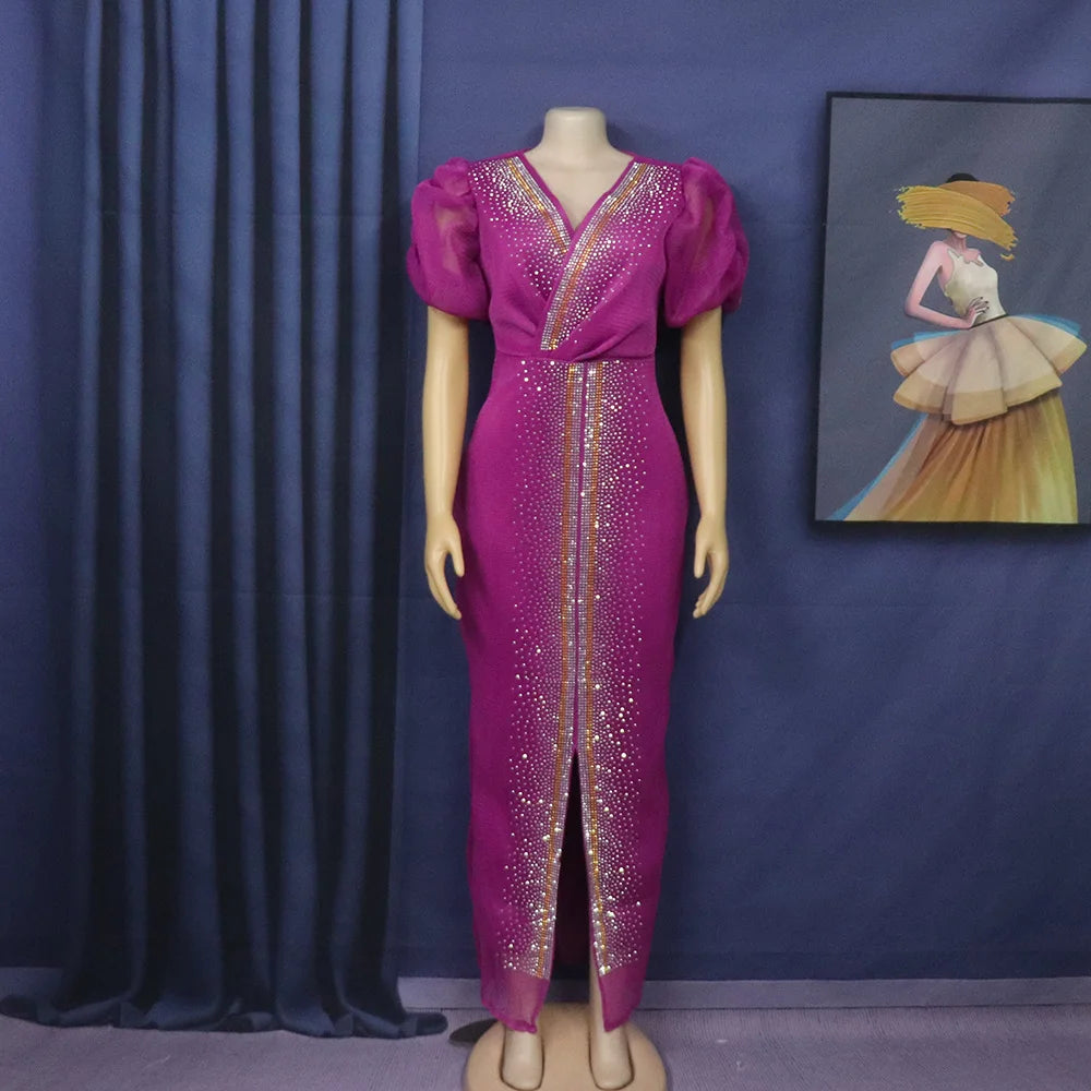 Diamond-encrusted stretch mesh V-neck dress with bubble sleeves by Showlu Fashion Store, showcasing its elegant design.