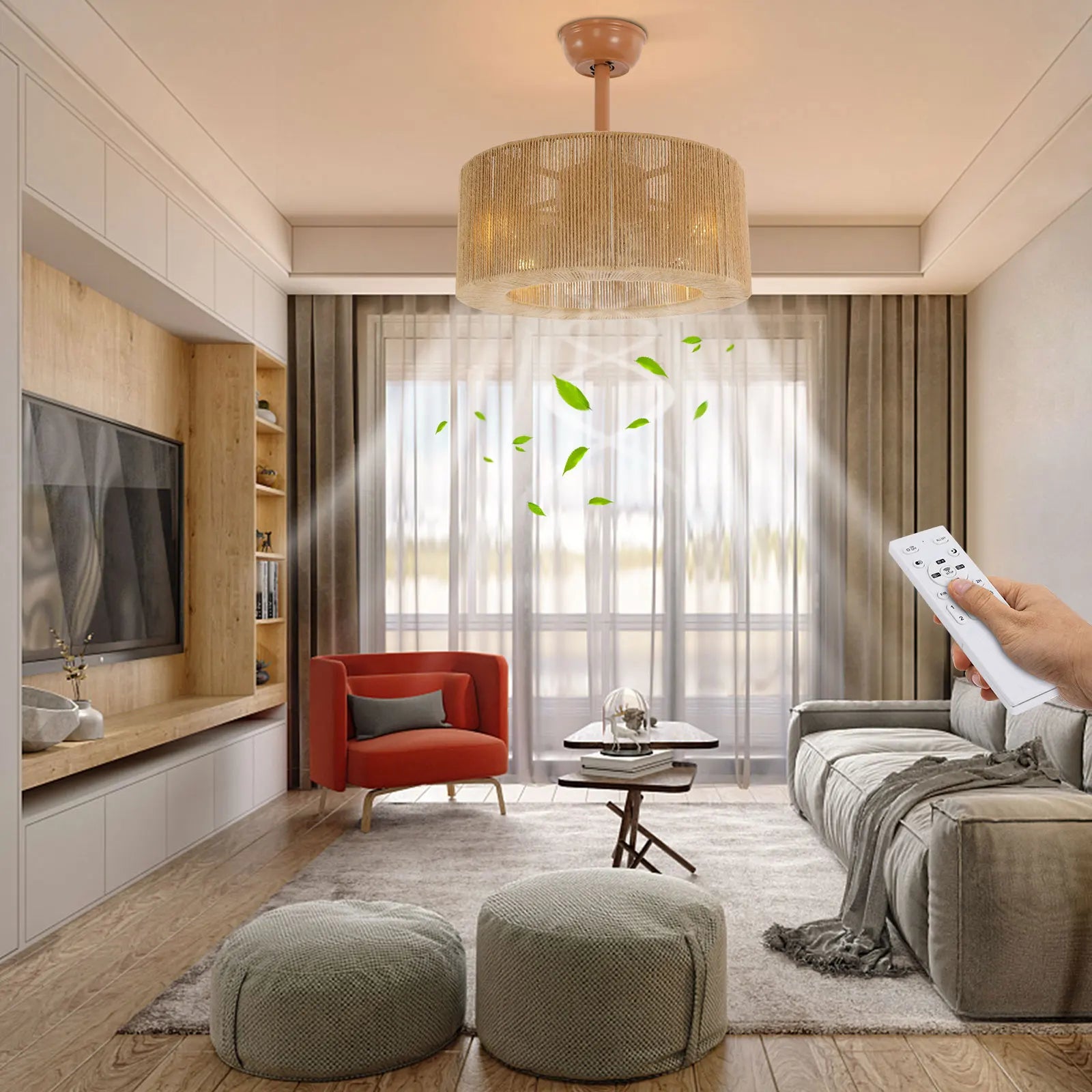 Showlu 18-inch ceiling fan light with remote control installed in a bedroom, featuring modern design and adjustable lighting.