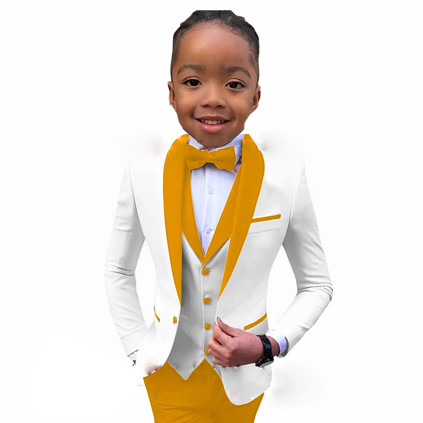 White boys' wedding tuxedo suit with royal blue collar, 3-piece formal outfit for kids ages 2-16, from Showlu Fashion Store.