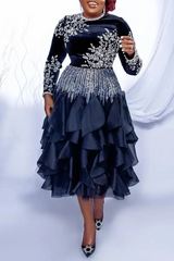 Plus Size Mother Of The Bride Midi Dresses Elegant Black Fall Winter Crew Neck Long Sleeve Rhinestone Velvet Midi Dresses 2025 SHOWLU FASHION STORE