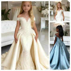 Customized flower girl mermaid dress for wedding and special occasions, off-shoulder design, floor-length kids party gown by Showlu Fashion