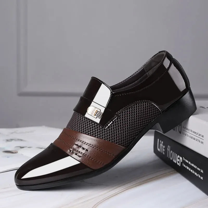 Men's leather Oxford shoes in black with classic slip-on design, formal business loafers by Showlu Fashion Store.