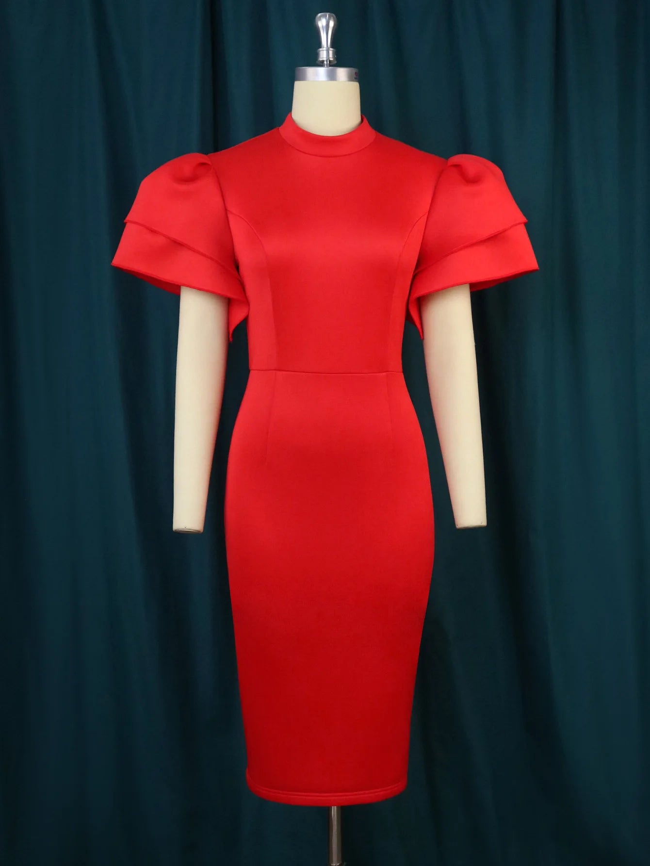 Designer Small Stand-up Collar Flared Sleeve Dress Waist Closed Cocktail Party Dress